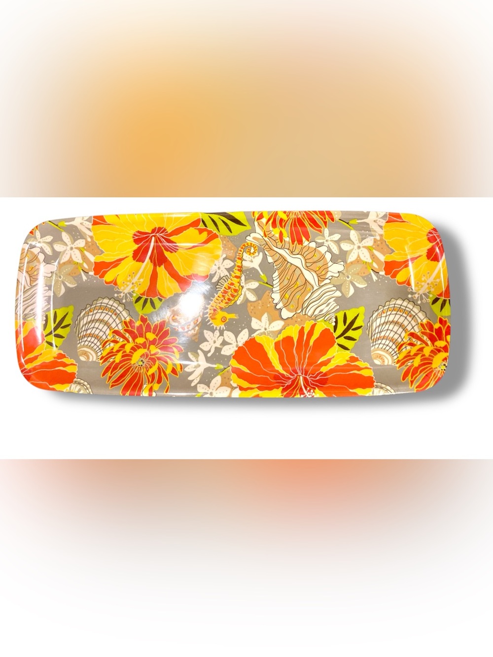 Floral Tropical Melamine Serving Tray - Oblong 19” x 8”  Green, Yellow & Red NWT